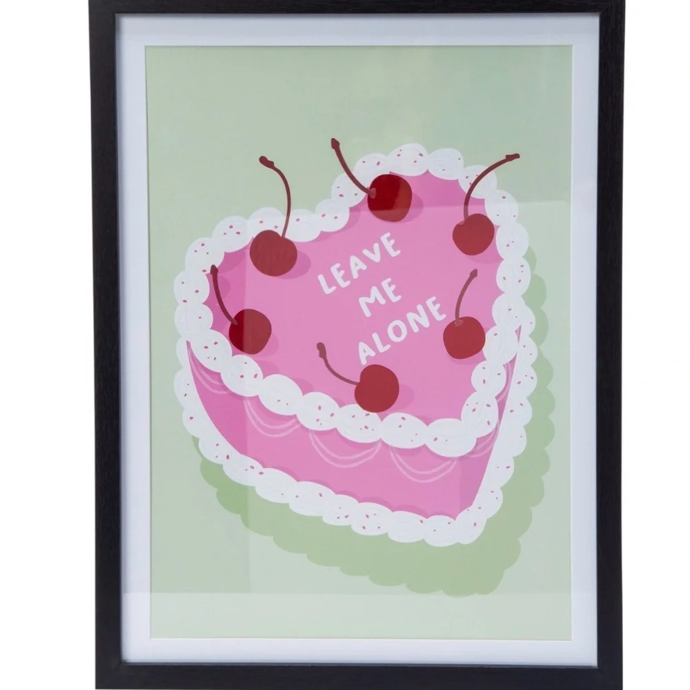 Leave Me Alone Heart Cake Red Cherry Pink Cake Framed Wall Art Quirky Art Print